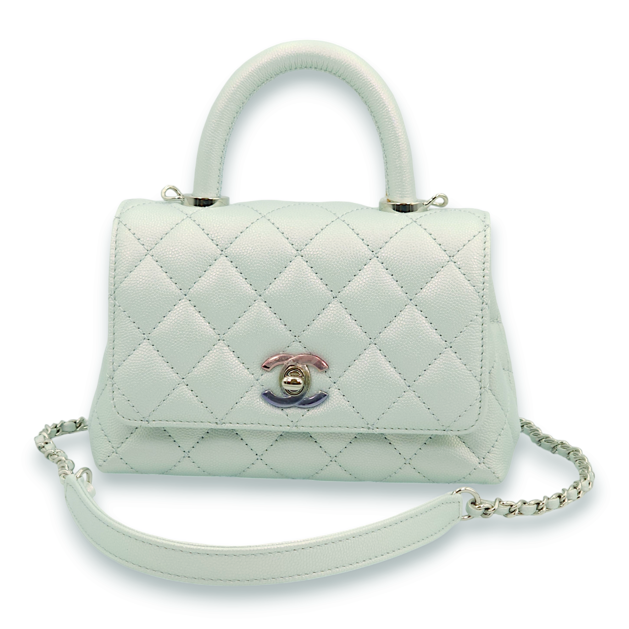 Quilted Coco Handle Mini Iridescent Icy blue Top Handle Bag in Caviar Leather, Pink,purple, silver hardware