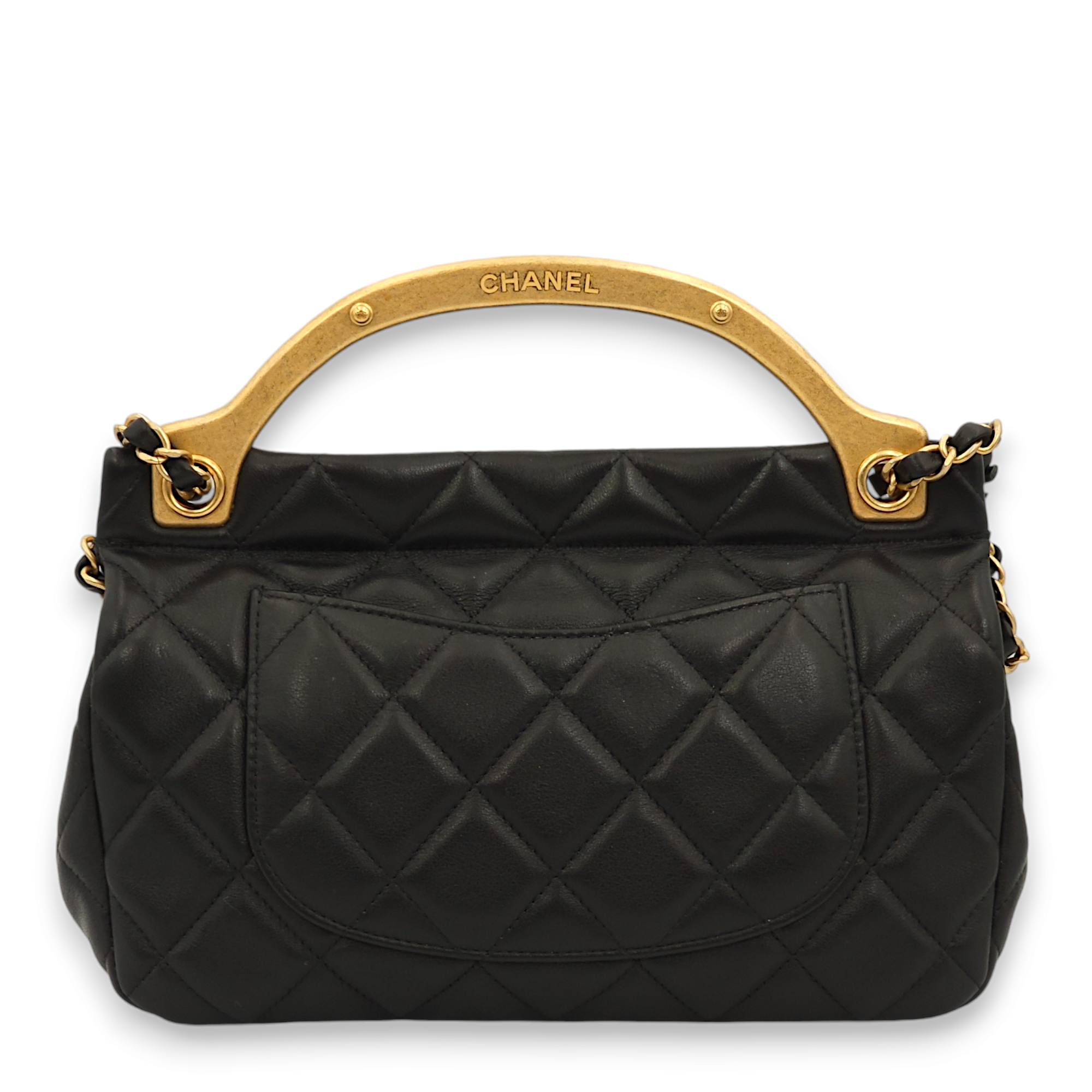 Seasonal Quilted Black Top Handle Bag in Lambskin, Gold hardware