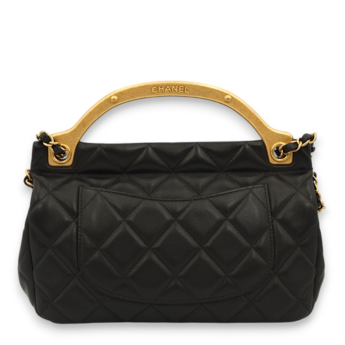 Seasonal Quilted Black Top Handle Bag in Lambskin, Gold hardware