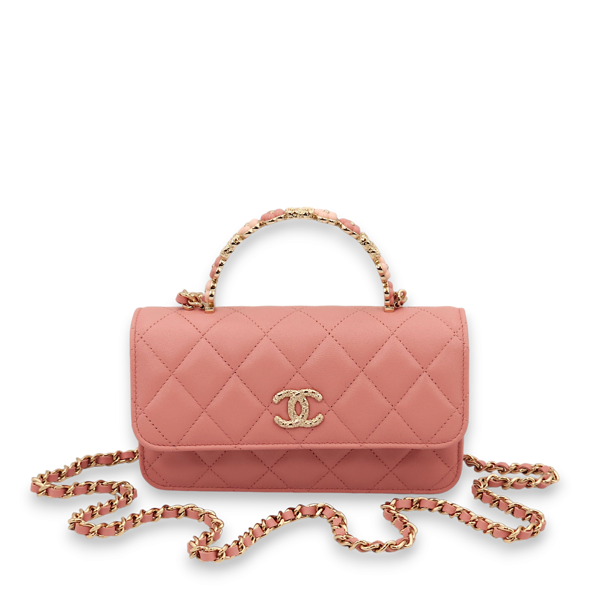 Clutch On Chain Pink Top Handle Bag in Lambskin, Gold hardware