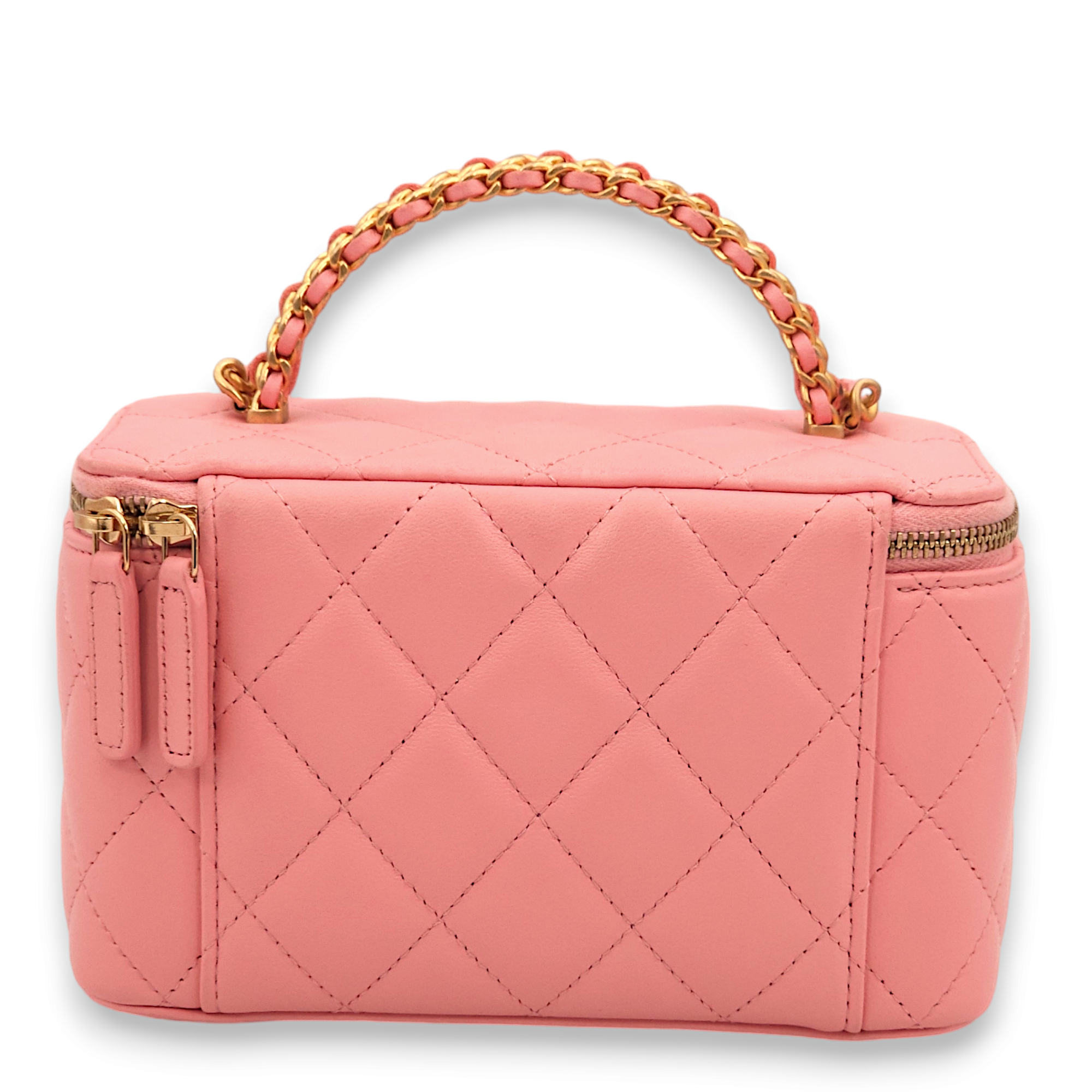 Vanity (Rectangle) Mini Pink Top Handle Bag in Lambskin, Gold hardware