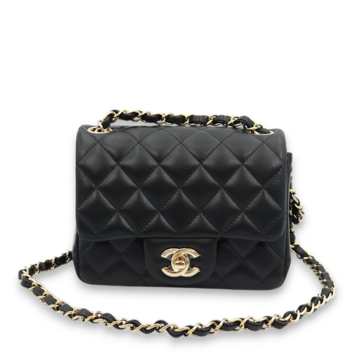 Classic Square Mini Black Shoulder Bag in Lambskin, Gold hardware