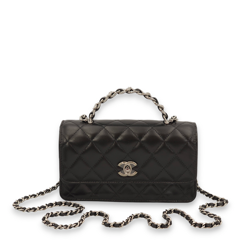 Quilted Seasonal Mini Black Top Handle Bag in Lambskin, Palladium hardware