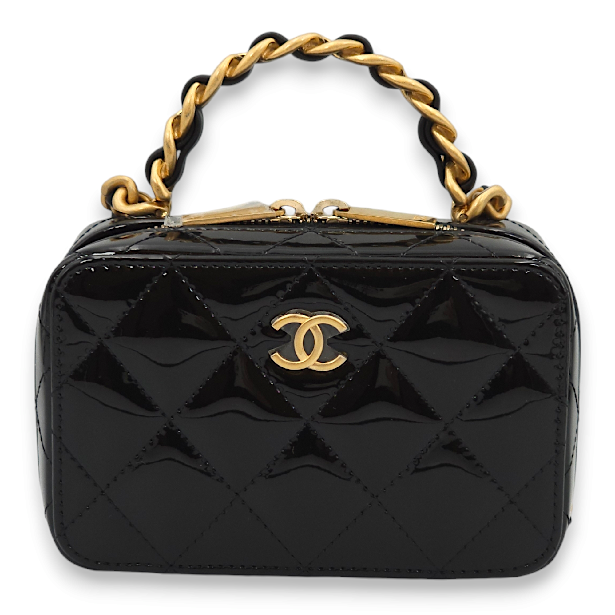 Quilted Vanity Mini Black /Coral Interior Top Handle Bag in Calfskin, Gold hardware