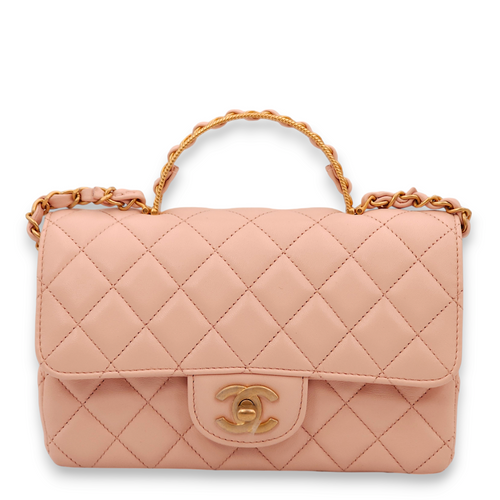 Quilted Mini Pink Top Handle Bag in Lambskin, Gold hardware