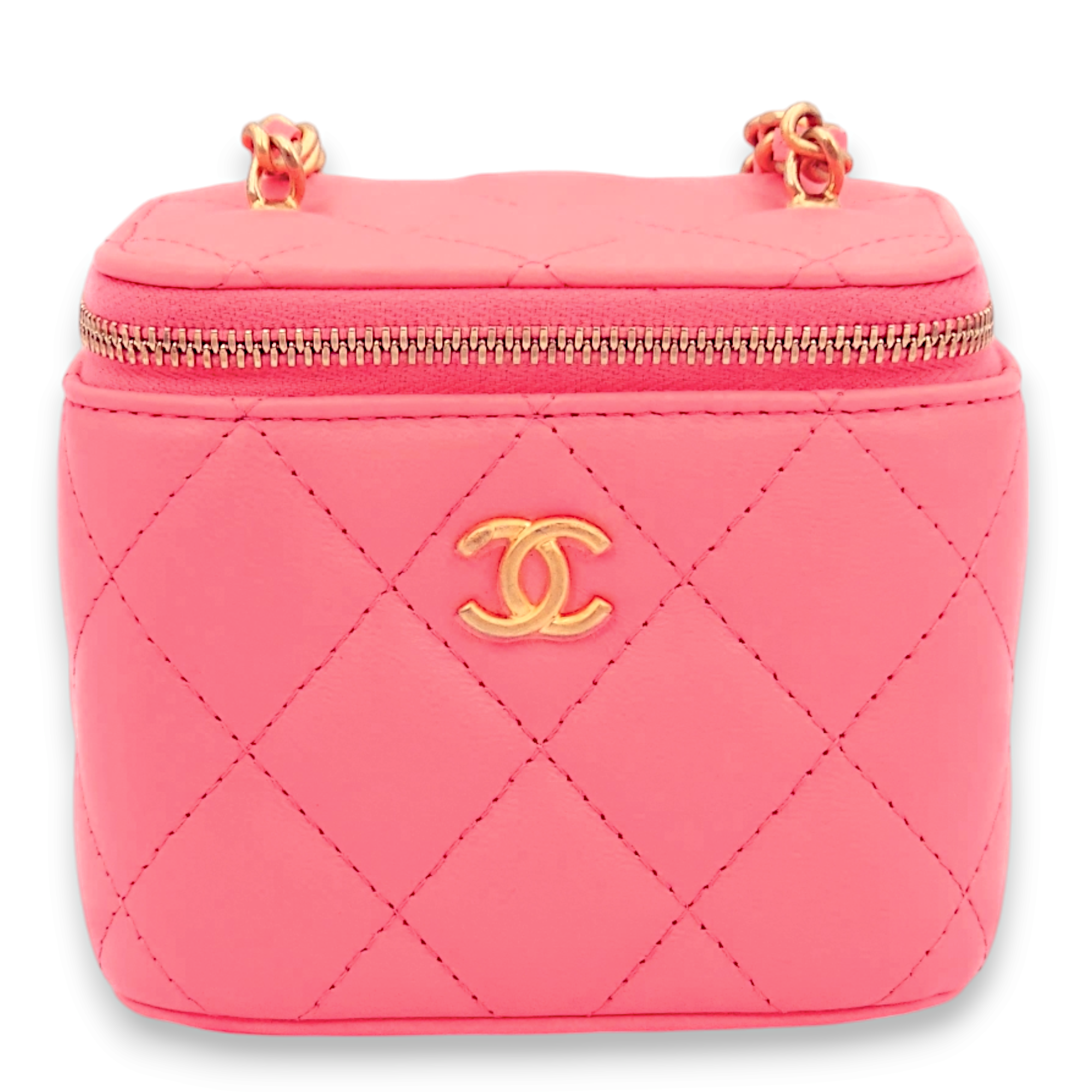 Quilted Pearl Crush Mini Pink Vanity Bag in Lambskin, Gold hardware