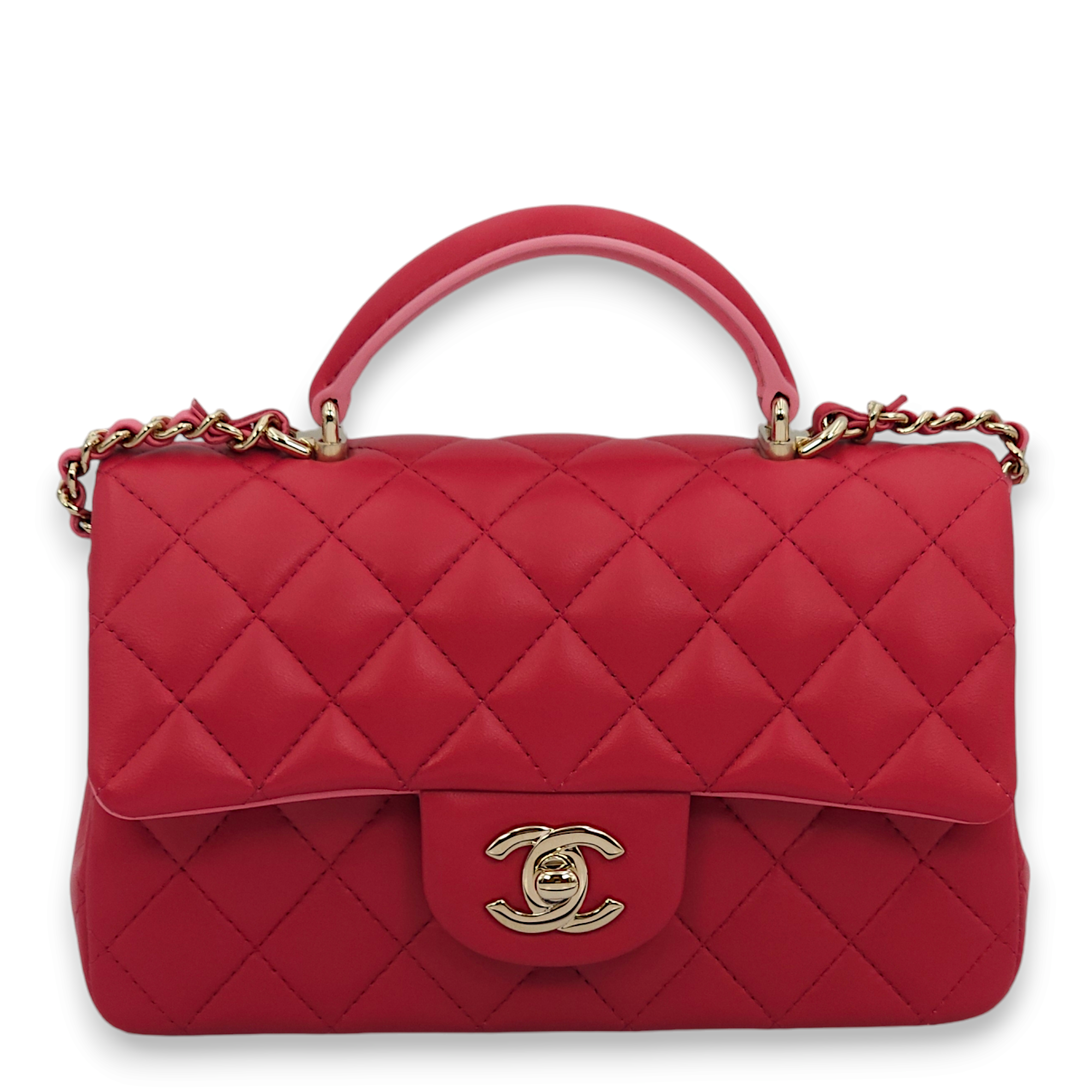 Rectangle (Quilted) Mini Rose Fince / Rose Clair Top Handle Bag in Lambskin, Gold hardware