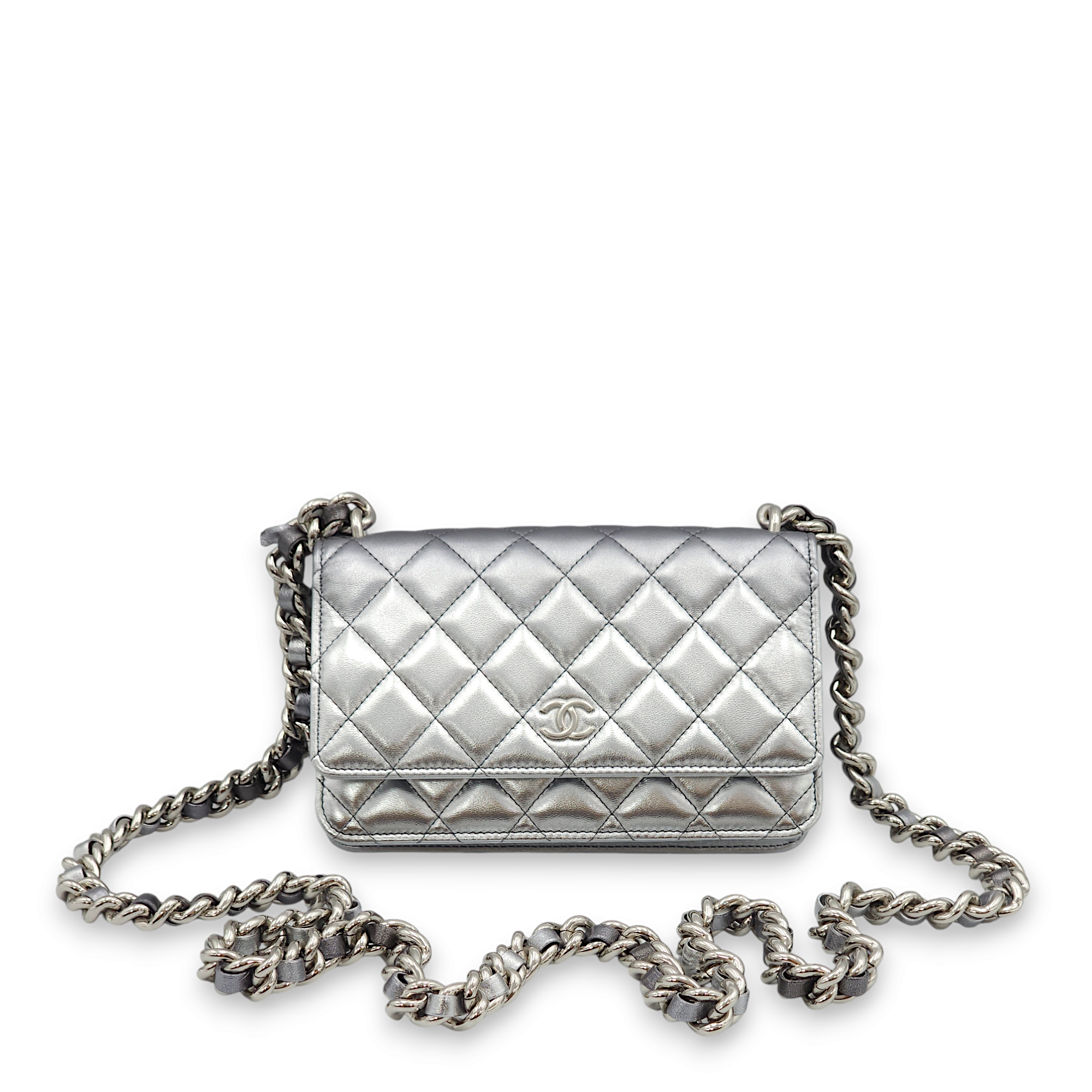 Quilted Metallic Purple /Grey/Silver Wallet On Chain in Lambskin, Palladium hardware