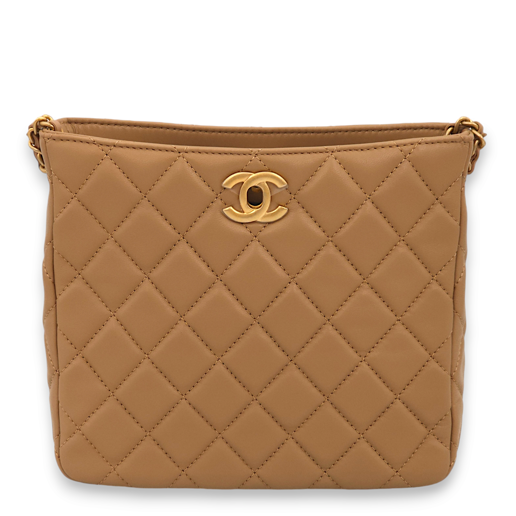 Quilted Pearl Crush Hobo Caramel Shoulder Bag in Lambskin, Gold hardware