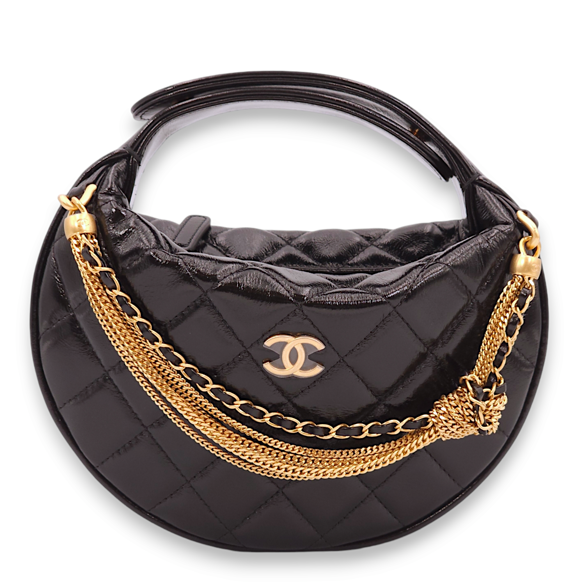 Quilted Round Mini Black Top Handle Bag in Calfskin, Gold hardware