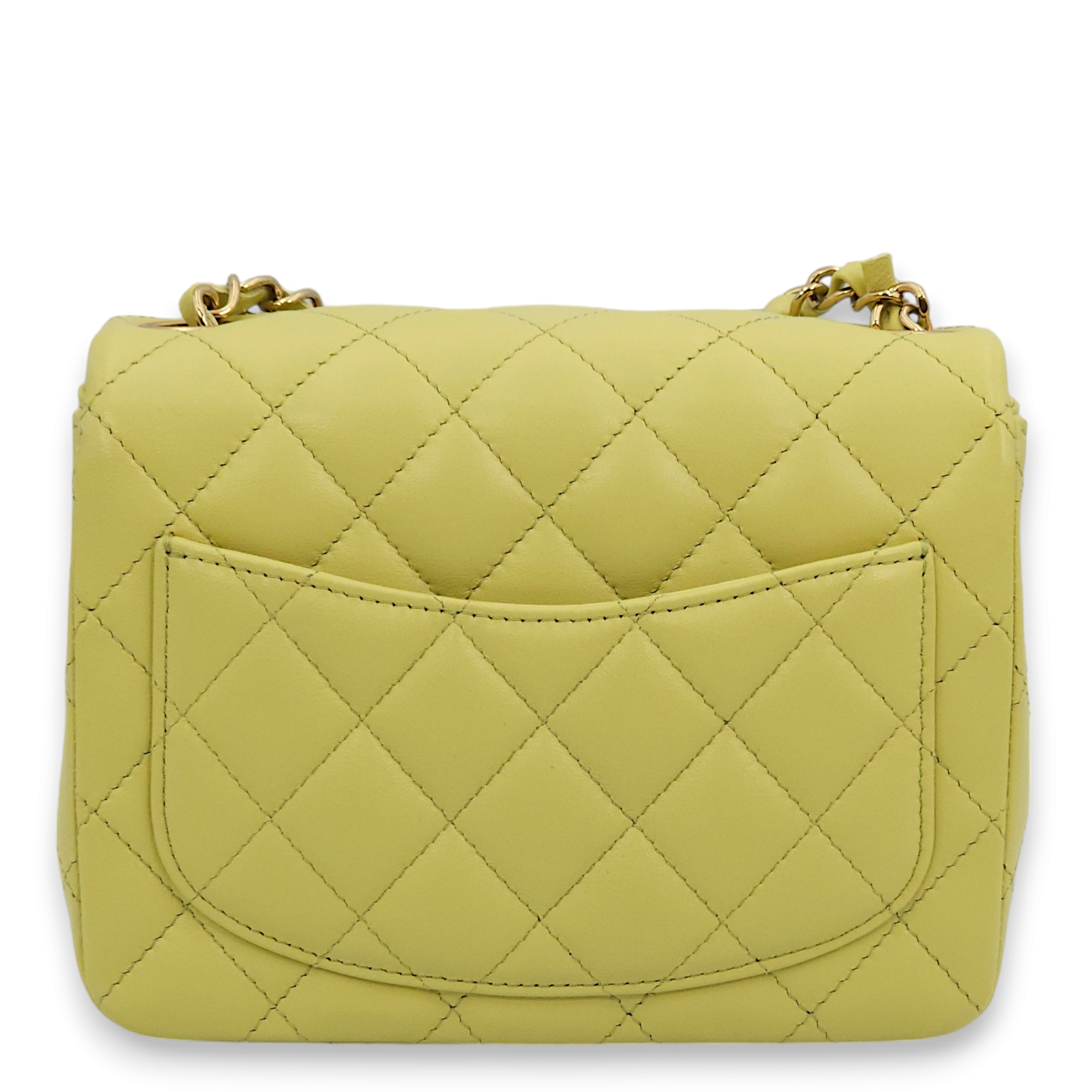 Classic Square Mini Lime Green Shoulder Bag in Lambskin, Gold hardware