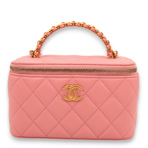 Vanity (Rectangle) Mini Pink Top Handle Bag in Lambskin, Gold hardware