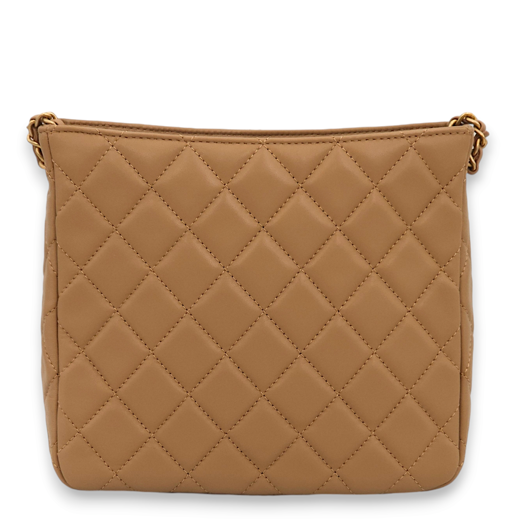 Quilted Pearl Crush Hobo Caramel Shoulder Bag in Lambskin, Gold hardware