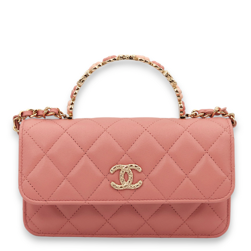 Clutch On Chain Pink Top Handle Bag in Lambskin, Gold hardware