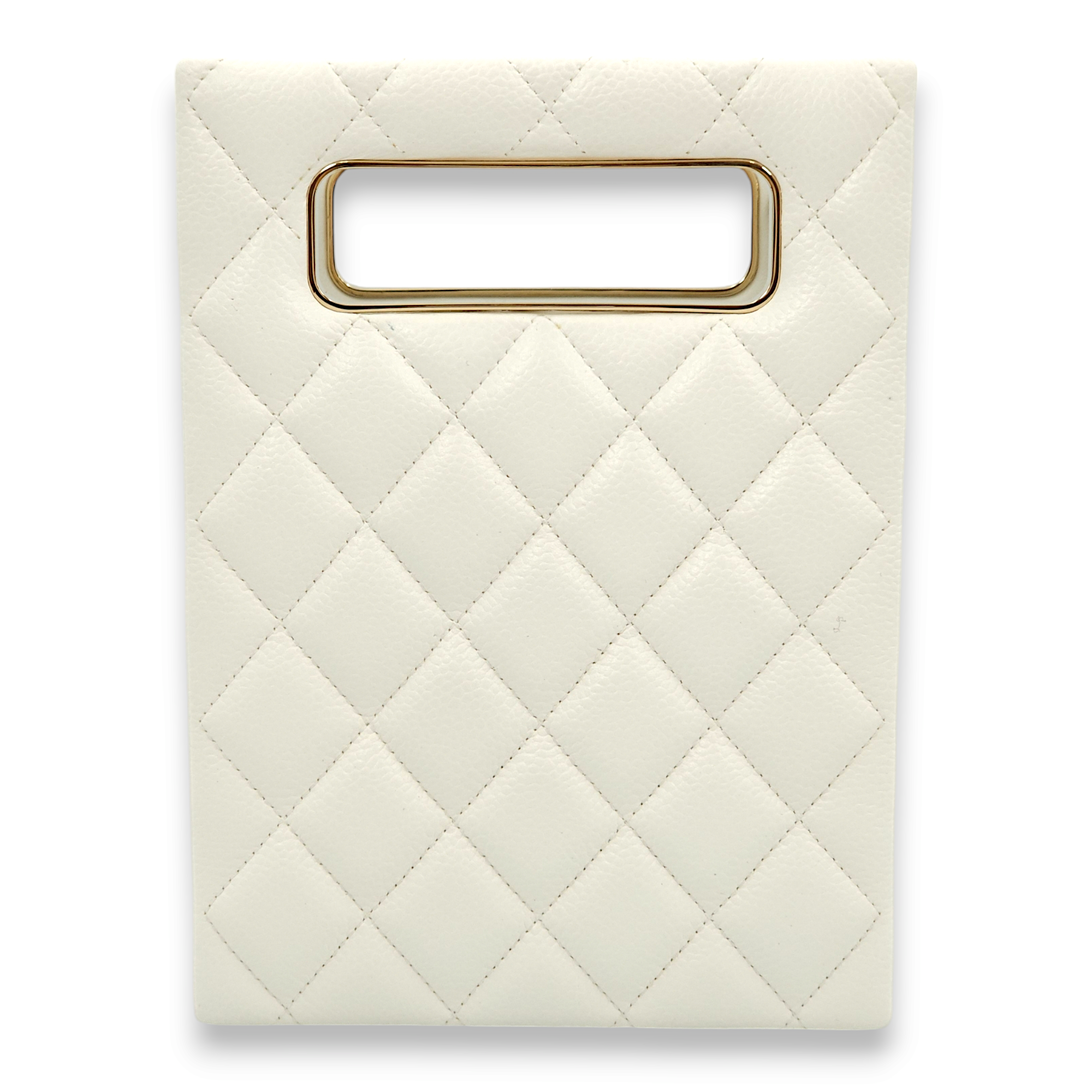 Quilted Vertical Evening Chain White Crossbody Bag in Caviar Leather, Gold hardware