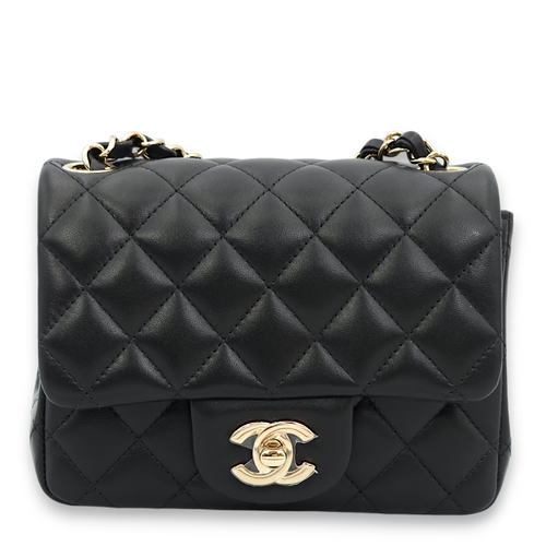 Classic Square Mini Black Shoulder Bag in Lambskin, Gold hardware