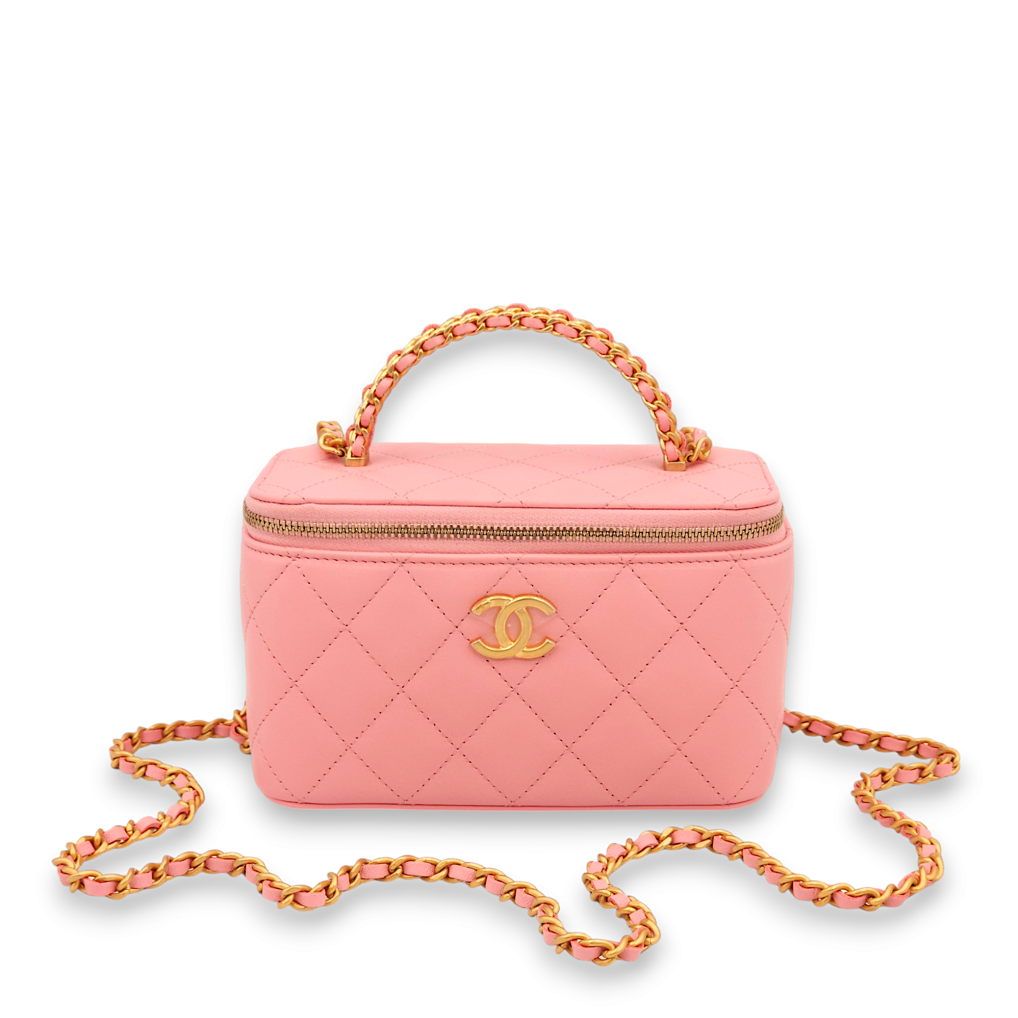 Vanity Mini Pink Top Handle Bag in Lambskin, Gold hardware