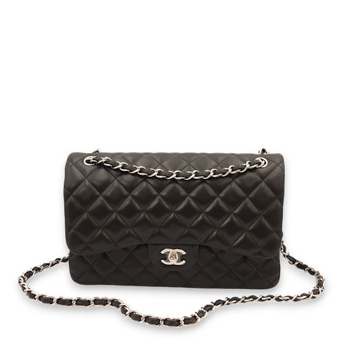 Classic Double Flap Jumbo Black Shoulder Bag in Lambskin, Palladium hardware