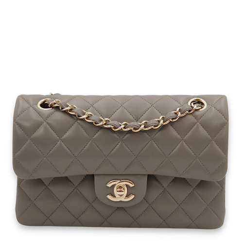 Classic Double Flap Small Dark Grey Shoulder Bag in Lambskin, Gold hardware