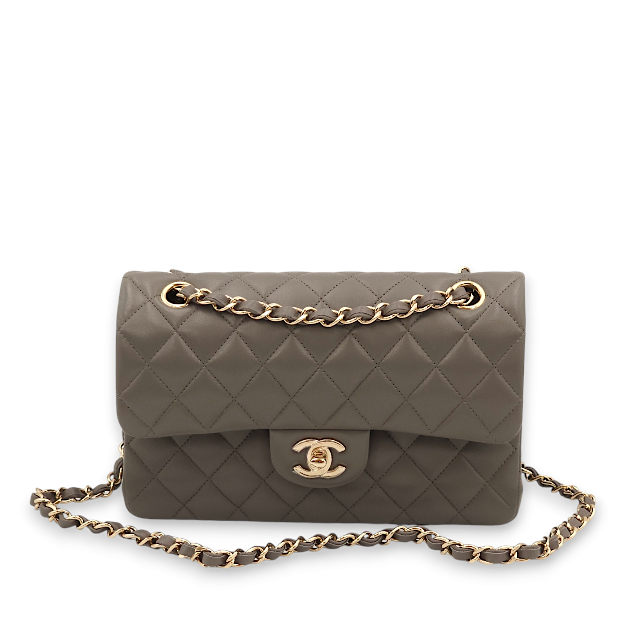 Classic Double Flap Small Dark Grey Shoulder Bag in Lambskin, Gold hardware