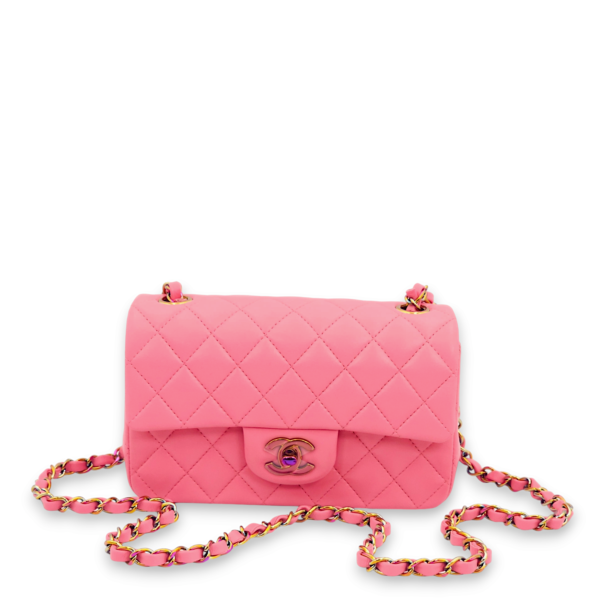 Classic Rectangle Mini Pink, Yellow Interior Crossbody Bag in Lambskin, Rainbow hardware