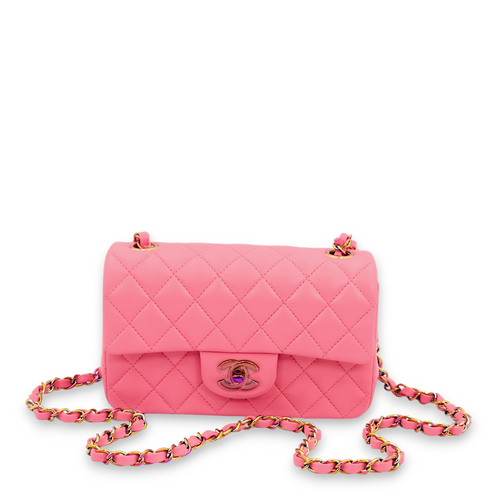 Classic Rectangle Mini Pink, Yellow Interior Crossbody Bag in Lambskin, Rainbow hardware