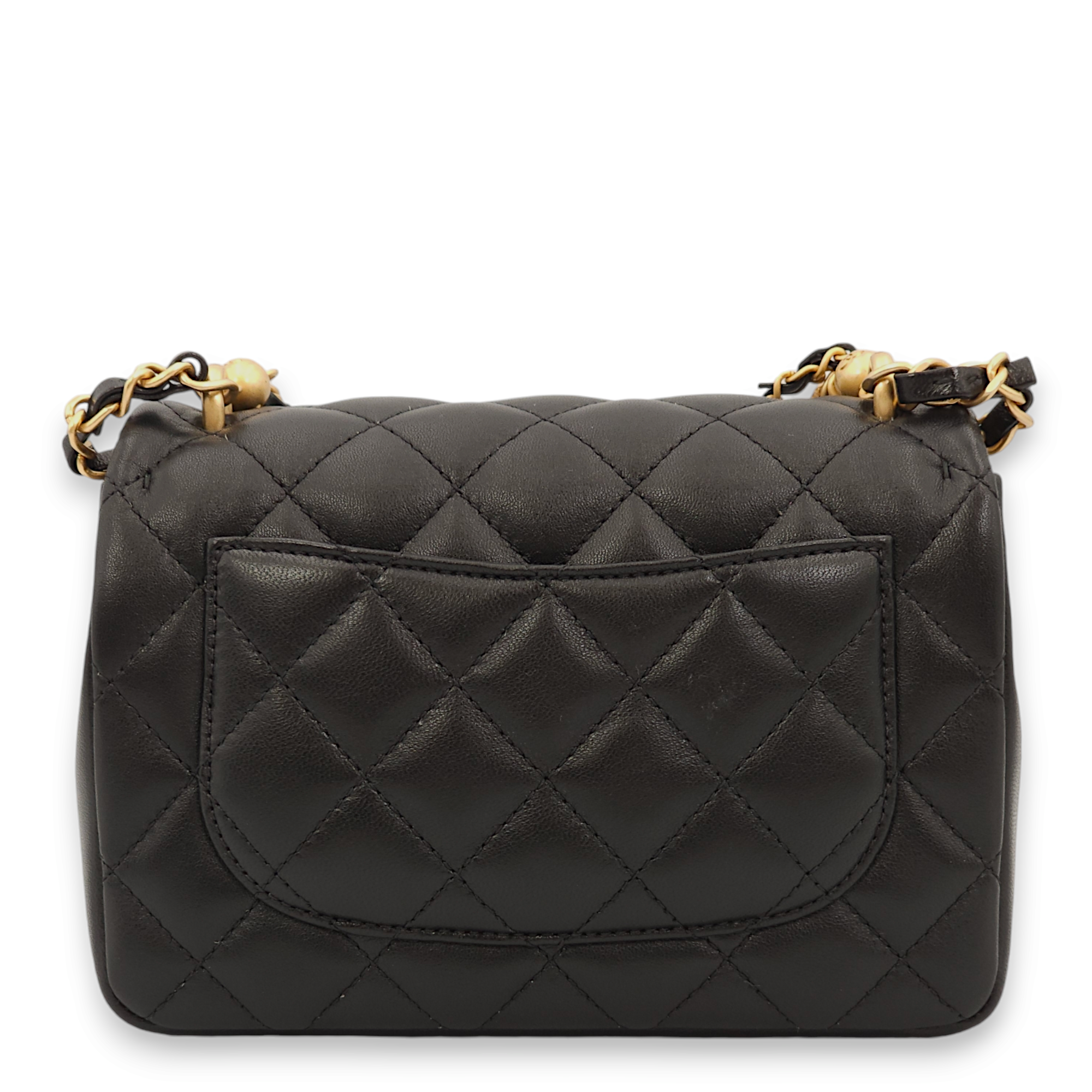 Seasonal Flap with Pearls Mini Black Shoulder Bag in Lambskin, Gold hardware