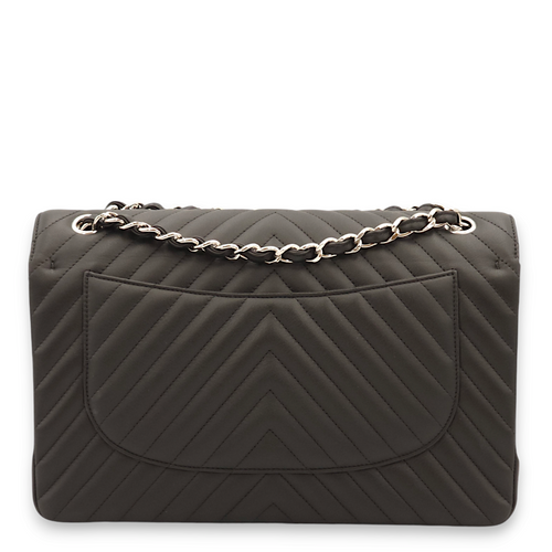 Chevron Double Flap Jumbo Black Shoulder Bag in Lambskin, Palladium hardware