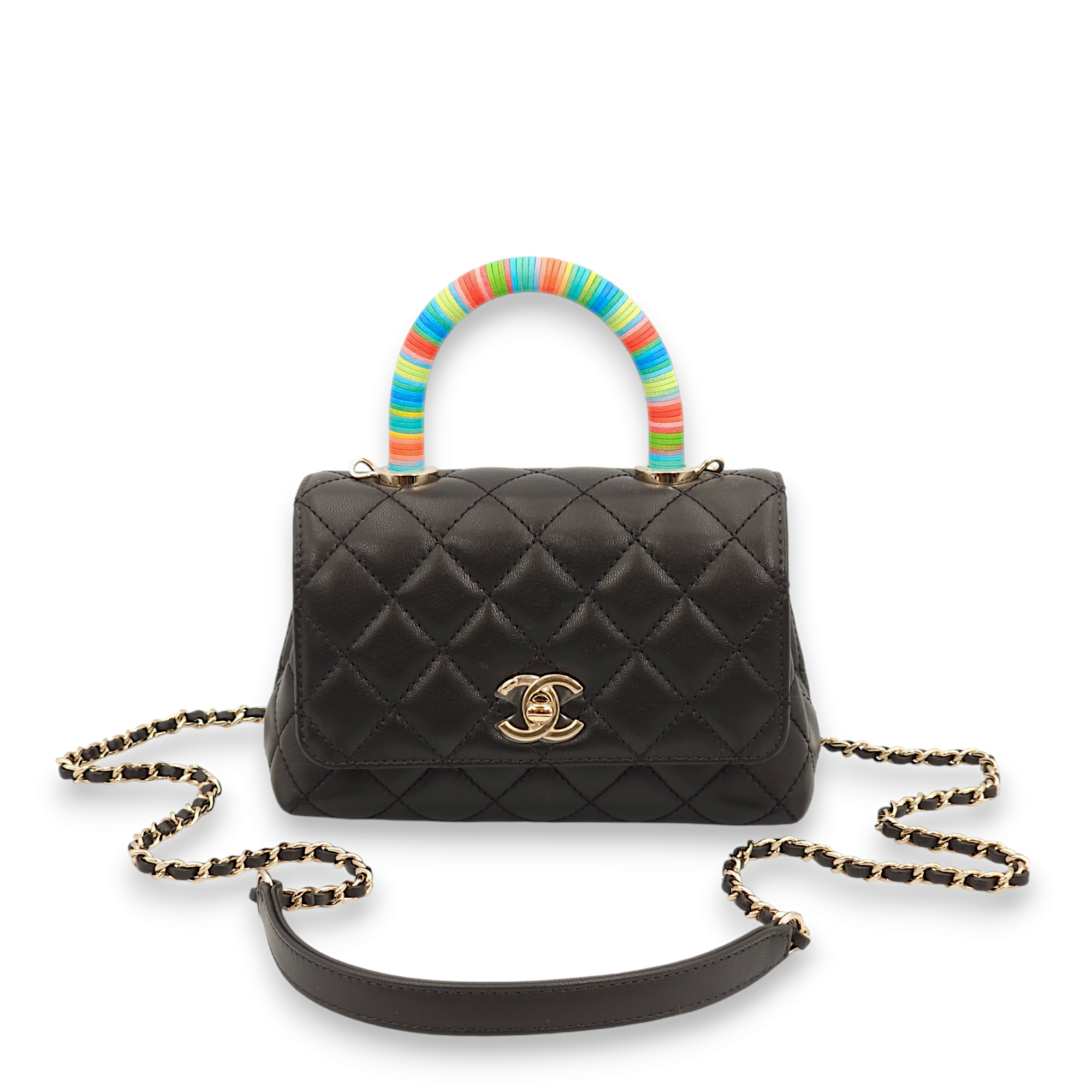 Quilted Coco Special Order Mini Black/Multicolour handle Top Handle Bag in Lambskin, Gold hardware