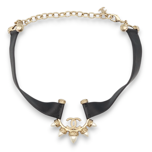 Spiked CC Choker Black, White Necklace in Lambskin, Gold hardware