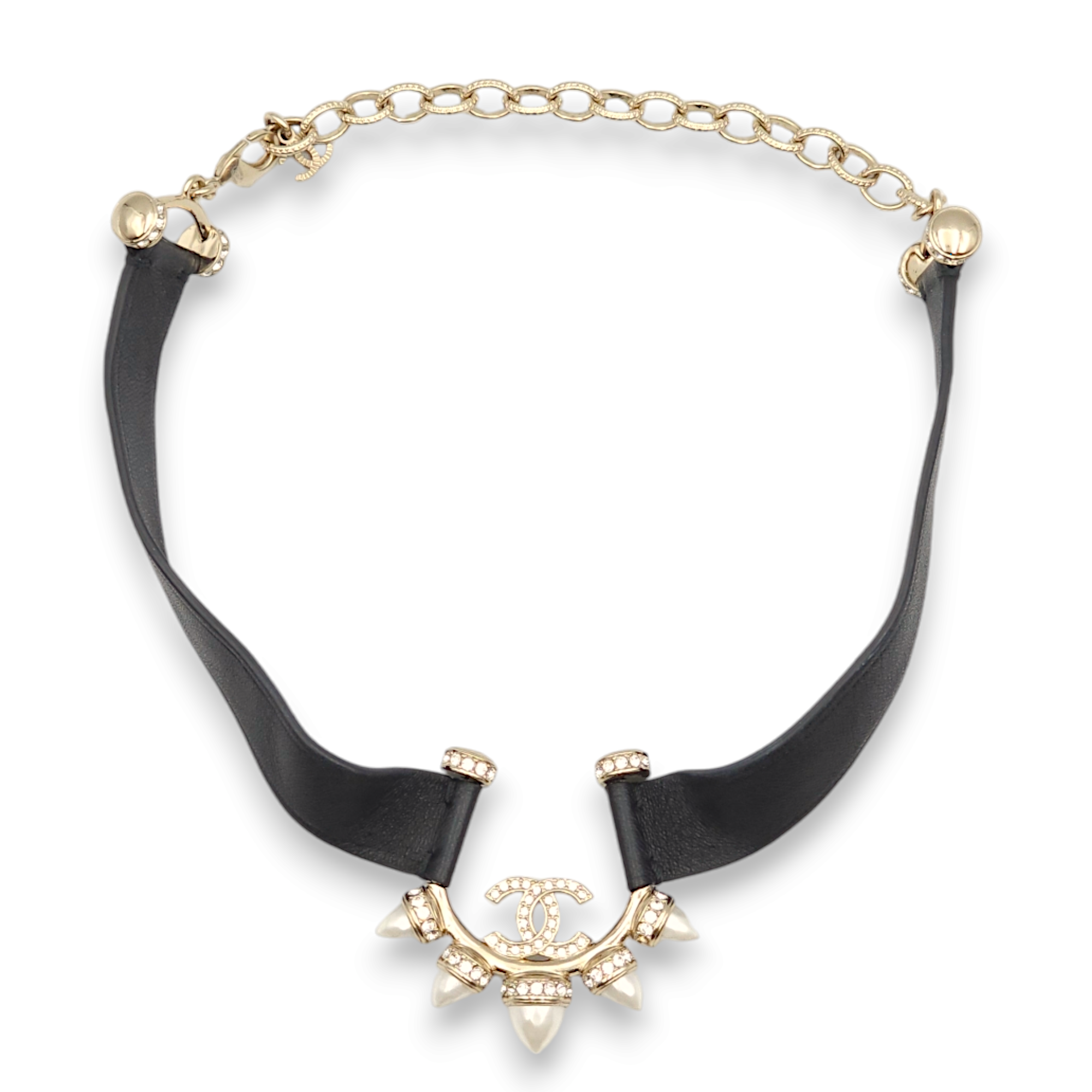 Spiked CC Choker Black, White Necklace in Lambskin, Gold hardware