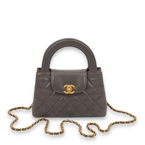 Kelly Mini Grey Crossbody Bag in Lambskin, Gold hardware