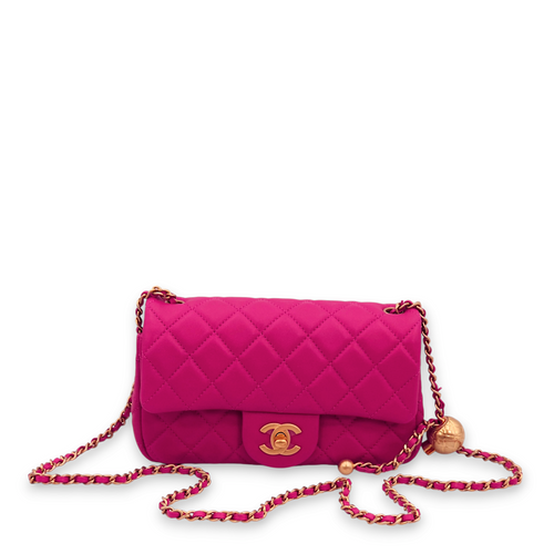 Pearl Crush Rectangle Mini Magenta Pink Crossbody Bag in Lambskin, Gold hardware