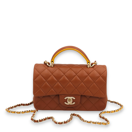 Rectangle Mini Brown, yellow Top Handle Bag in Lambskin, Gold hardware