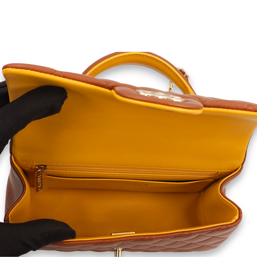 Rectangle Mini Brown, yellow Top Handle Bag in Lambskin, Gold hardware