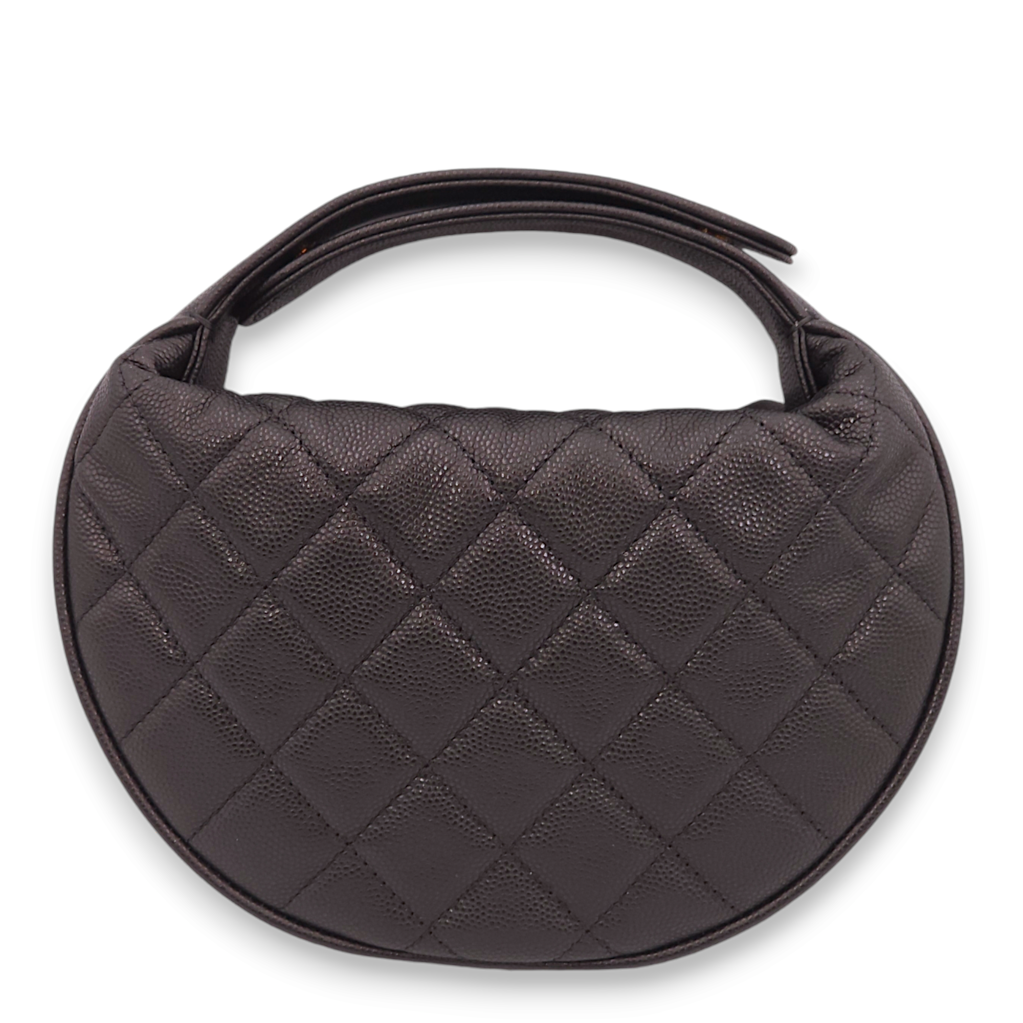 Quilted Round Pouch with Bow Chain Mini Black Top Handle Bag in Caviar Leather, Gold hardware