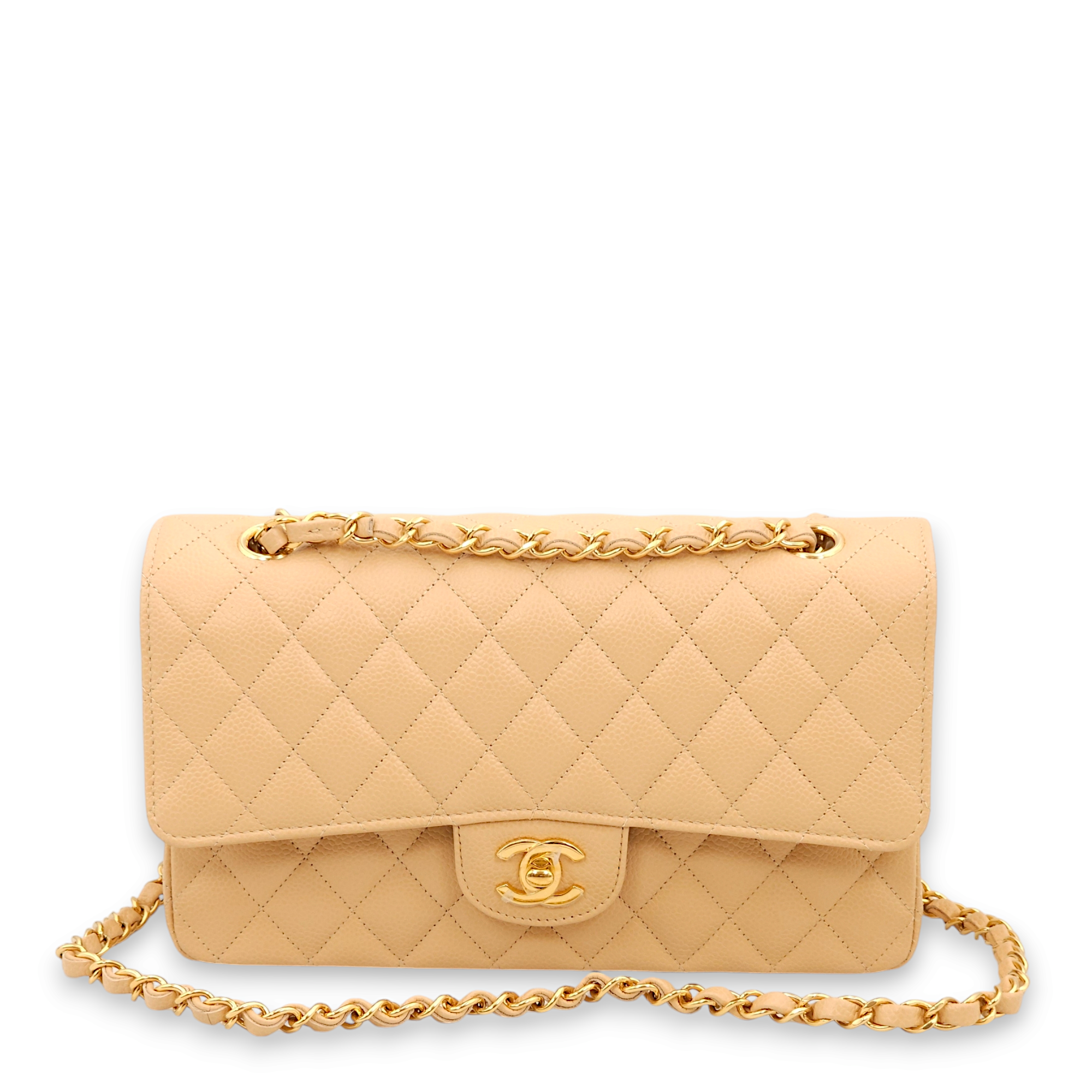 Classic Double Flap Medium Beige Shoulder Bag in Caviar Leather, Gold hardware