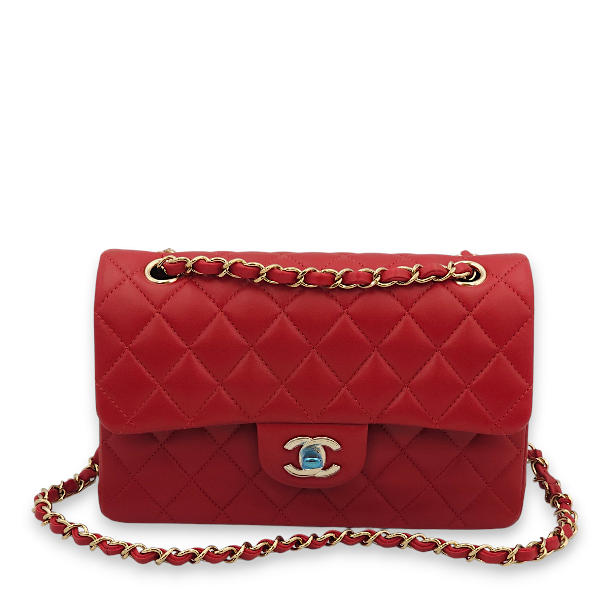 Classic Double Flap Small Red Shoulder Bag in Lambskin, Gold hardware