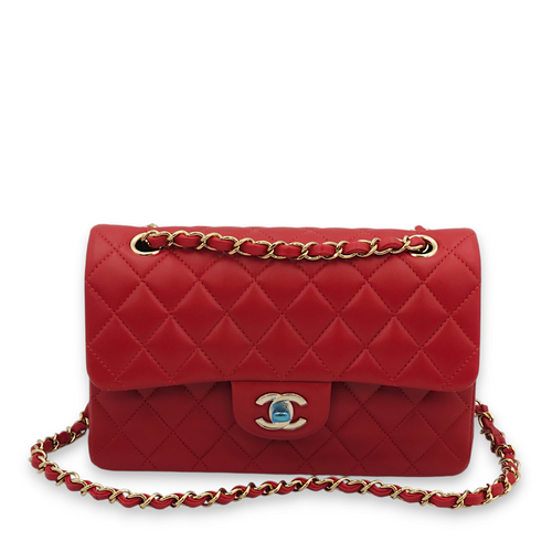 Classic Double Flap Small Red Shoulder Bag in Lambskin, Gold hardware