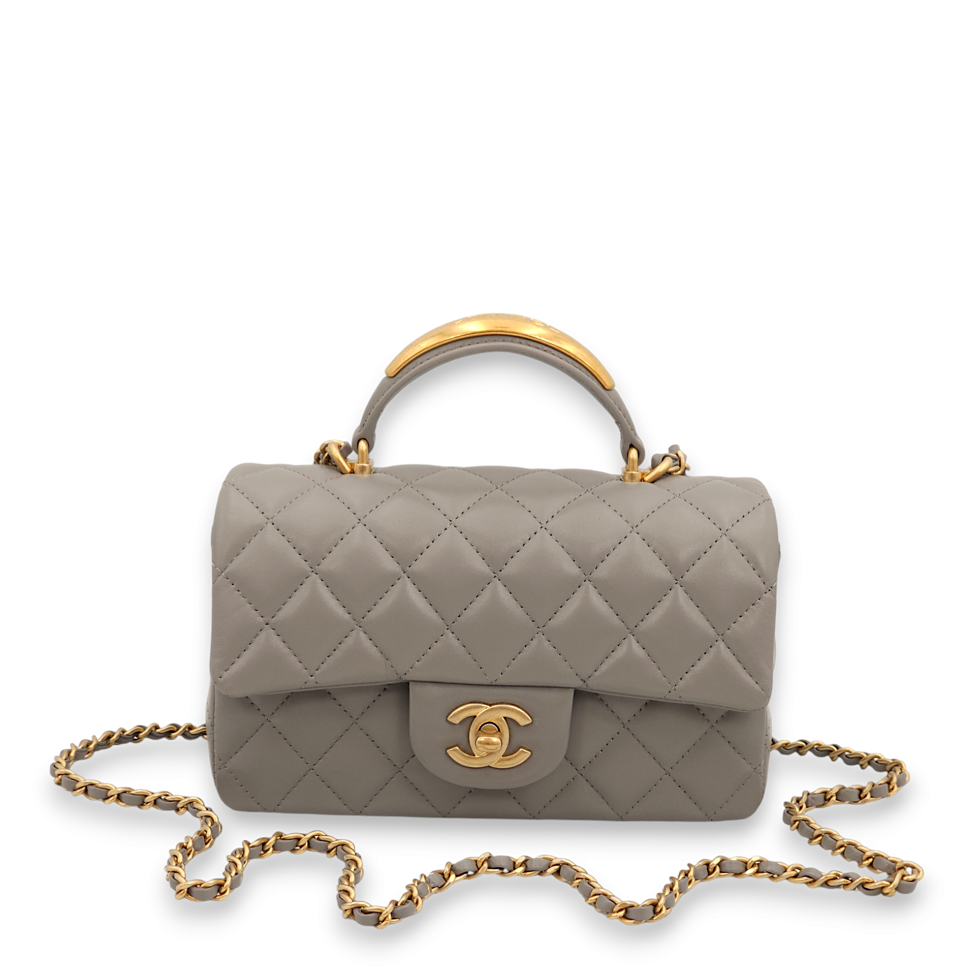 Rectangle with Metal Mini Grey Top Handle Bag in Lambskin, Gold hardware