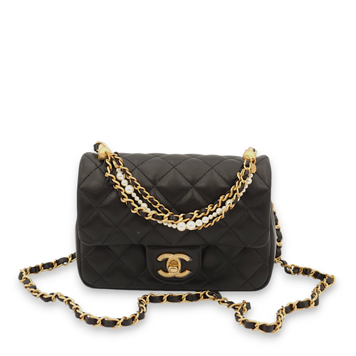 Seasonal Flap with Pearls Mini Black Shoulder Bag in Lambskin, Gold hardware