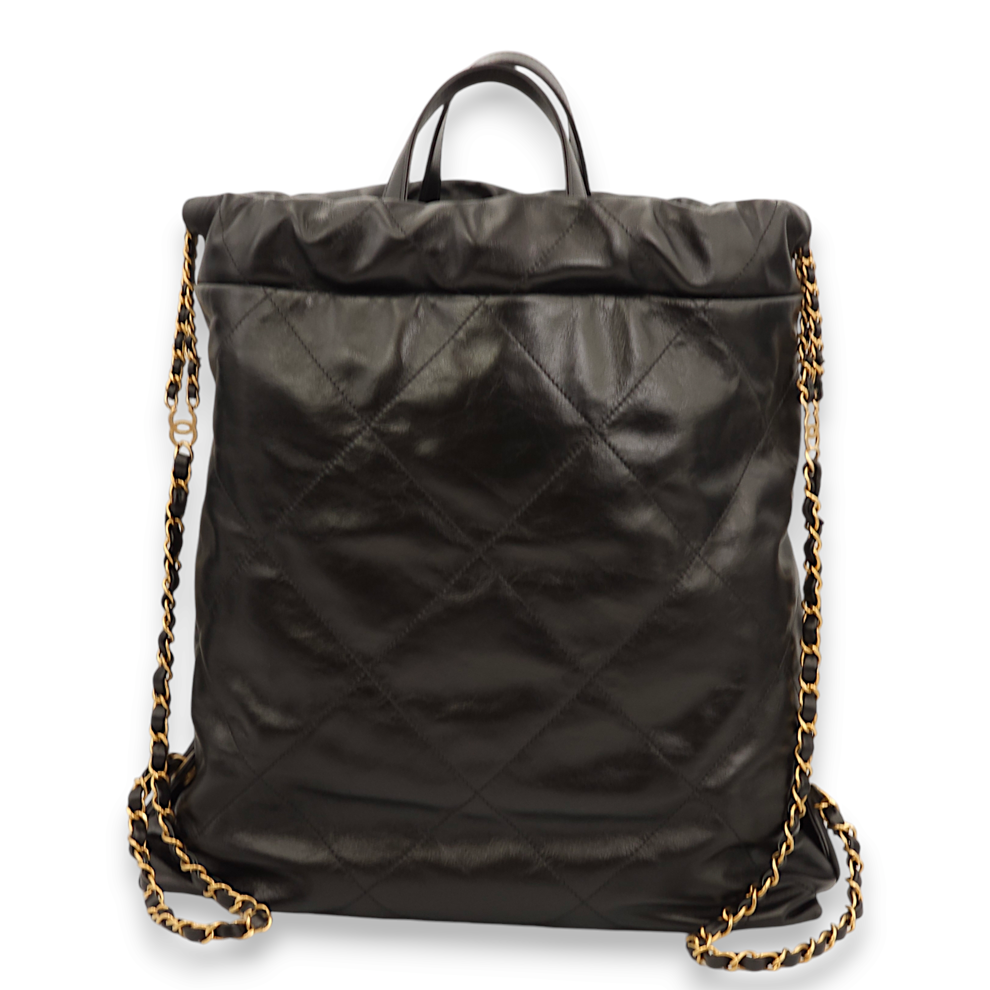 22 Large Black/Gold Metal Logo Backpack in Calfskin, Gold hardware