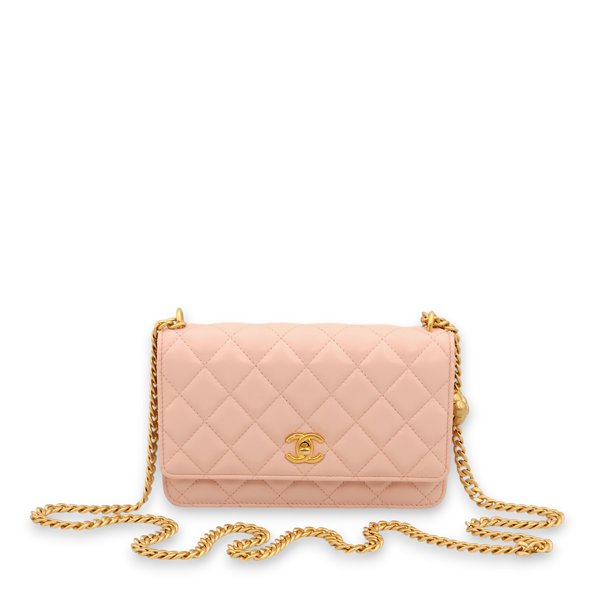 Camellia Light Pink Wallet On Chain in Lambskin, Gold hardware