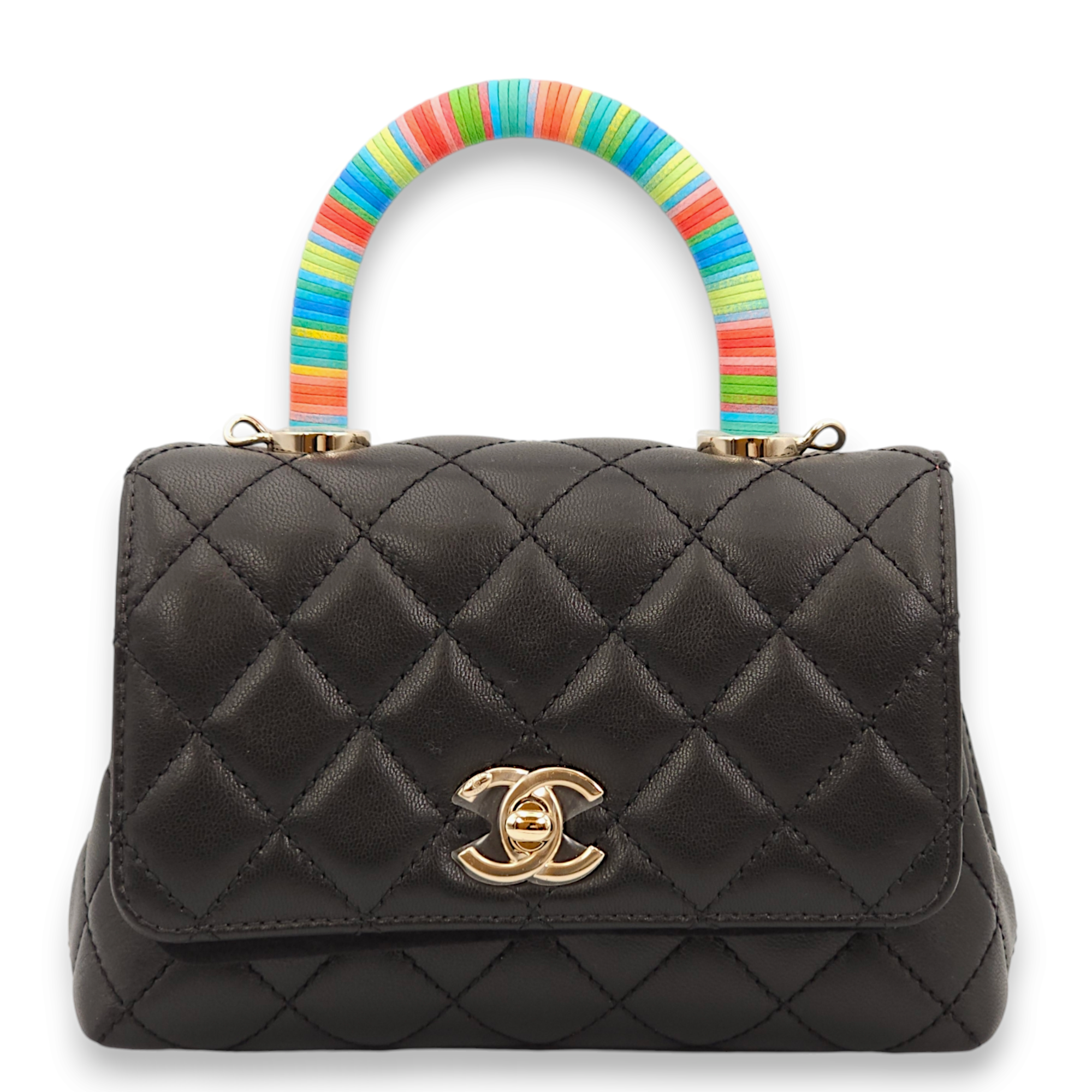 Quilted Coco Special Order Mini Black/Multicolour handle Top Handle Bag in Lambskin, Gold hardware