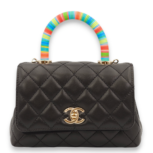 Quilted Coco Special Order Mini Black/Multicolour handle Top Handle Bag in Lambskin, Gold hardware