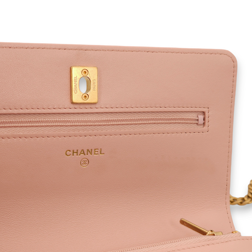 Camellia Light Pink Wallet On Chain in Lambskin, Gold hardware