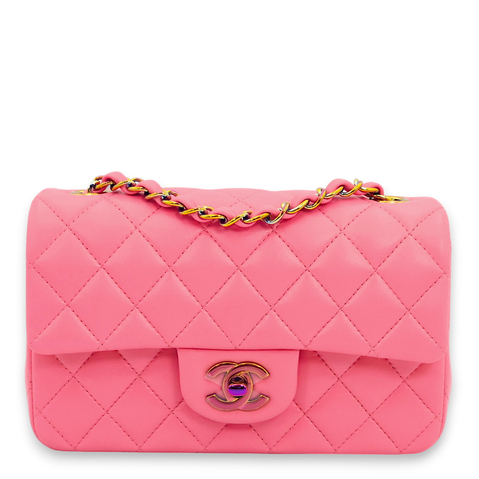 Classic Rectangle Mini Pink, Yellow Interior Crossbody Bag in Lambskin, Rainbow hardware