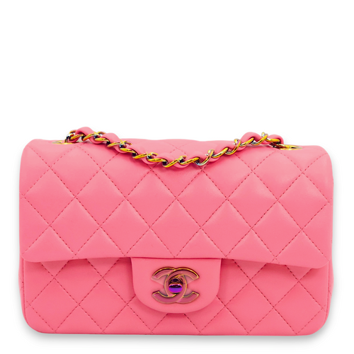 Classic Rectangle Mini Pink, Yellow Interior Crossbody Bag in Lambskin, Rainbow hardware