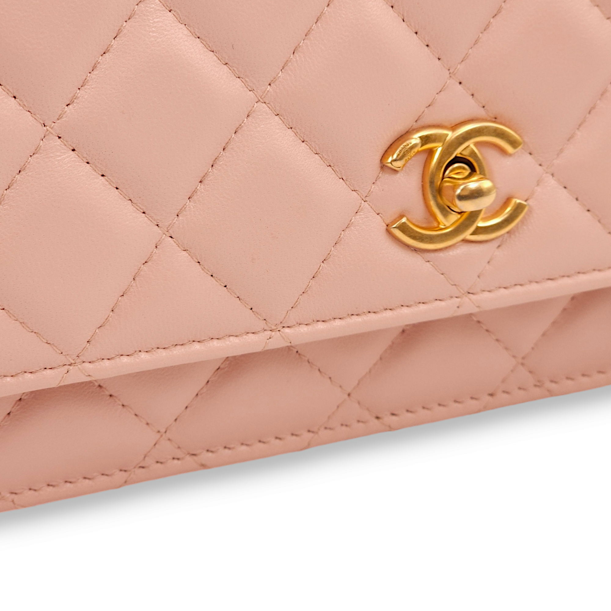 Camellia Light Pink Wallet On Chain in Lambskin, Gold hardware