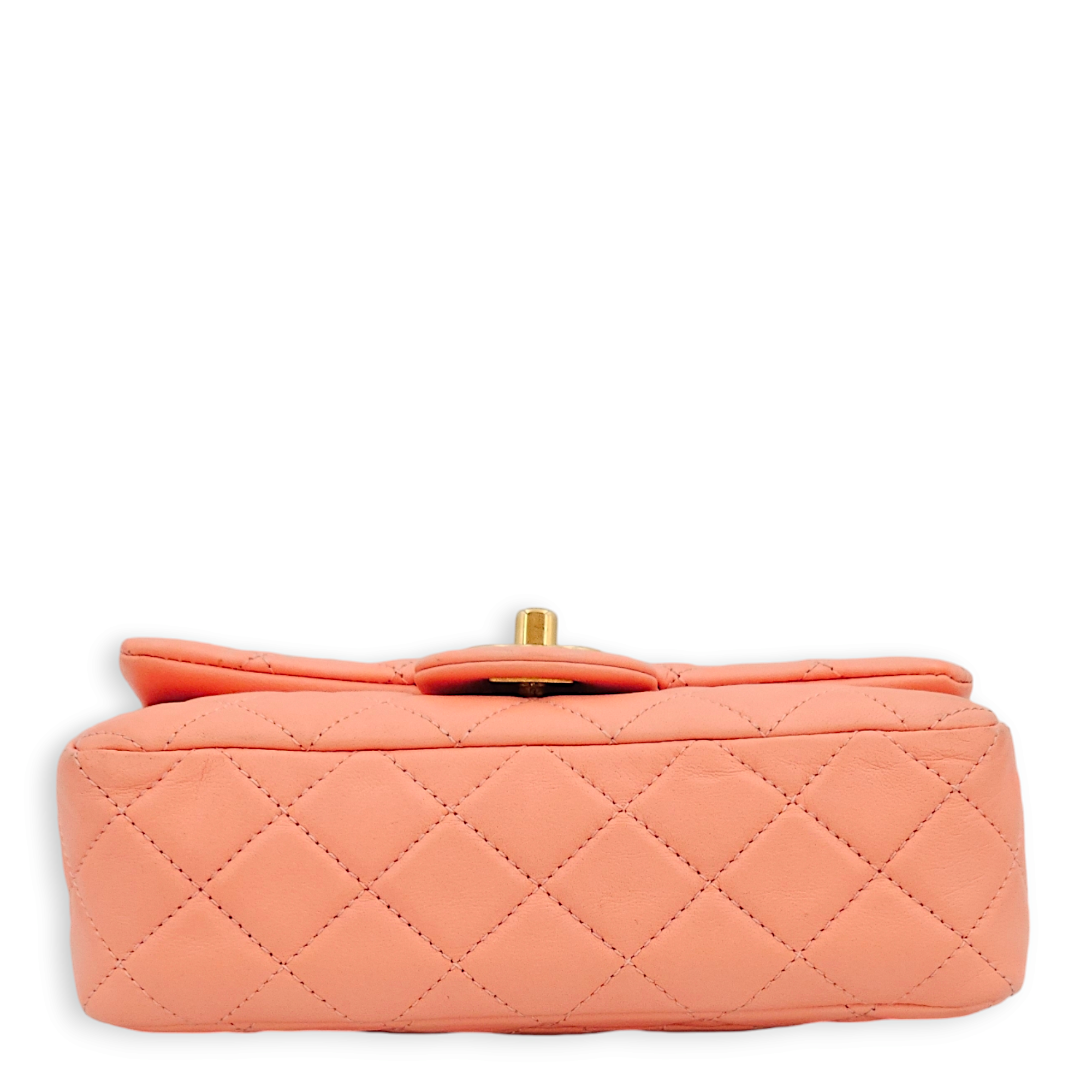 Pearl Crush Rectangle Mini Salmon Pink Crossbody Bag in Lambskin, Gold hardware